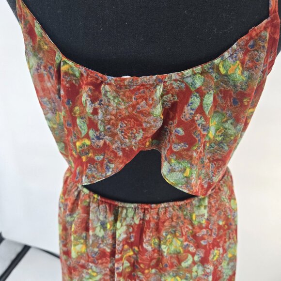 Lush Red Floral Scoop Neck Open Back Lined Hi-Lo Dress Large - Picture 3 of 9
